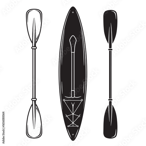 Stand up paddleboard and paddles monochrome illustration perfect for recreational water activities