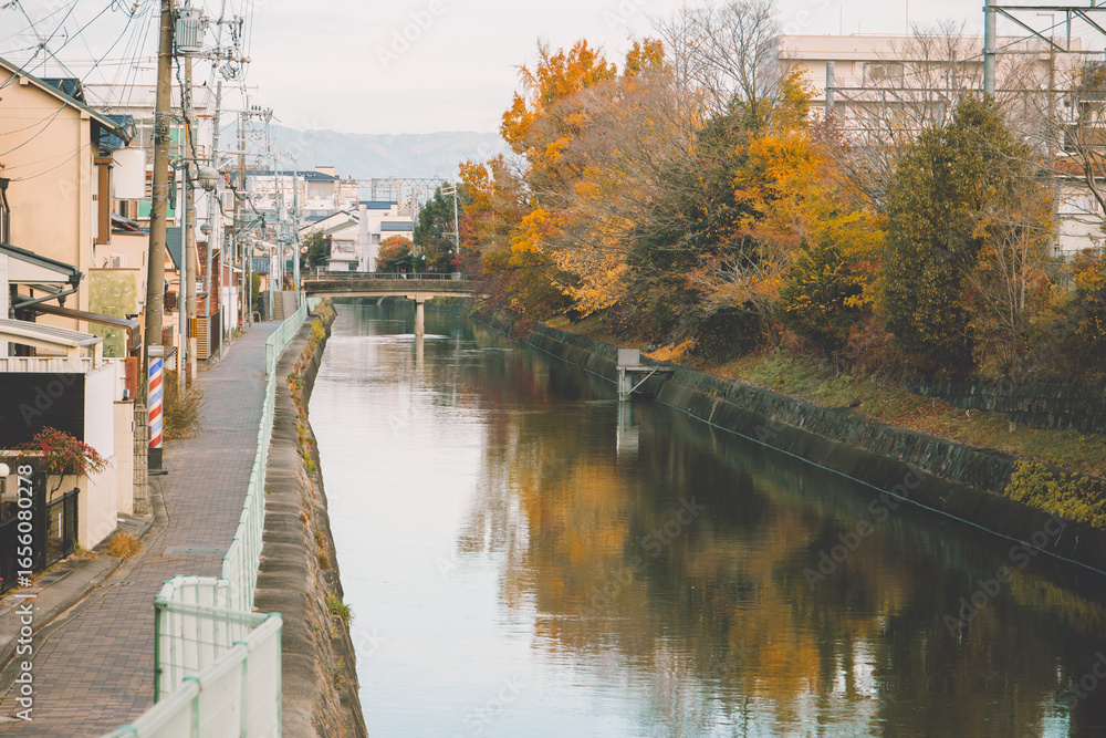 Water canal in Japan city, Beautiful landscape of Japanese public irrigation canal. Water canal in Japan city, Beautiful landscape of Japanese public irrigation canal.