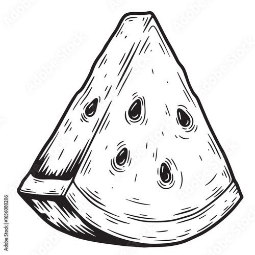 Vector illustration of a black and white hand drawn watermelon slice with seeds