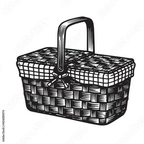 Vintage engraved illustration of a wicker picnic basket with handle and fabric detail