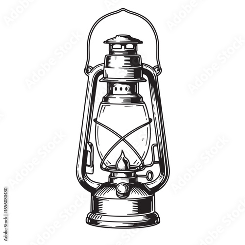 Vintage engraved kerosene lantern illustration with firelight and a black and white design