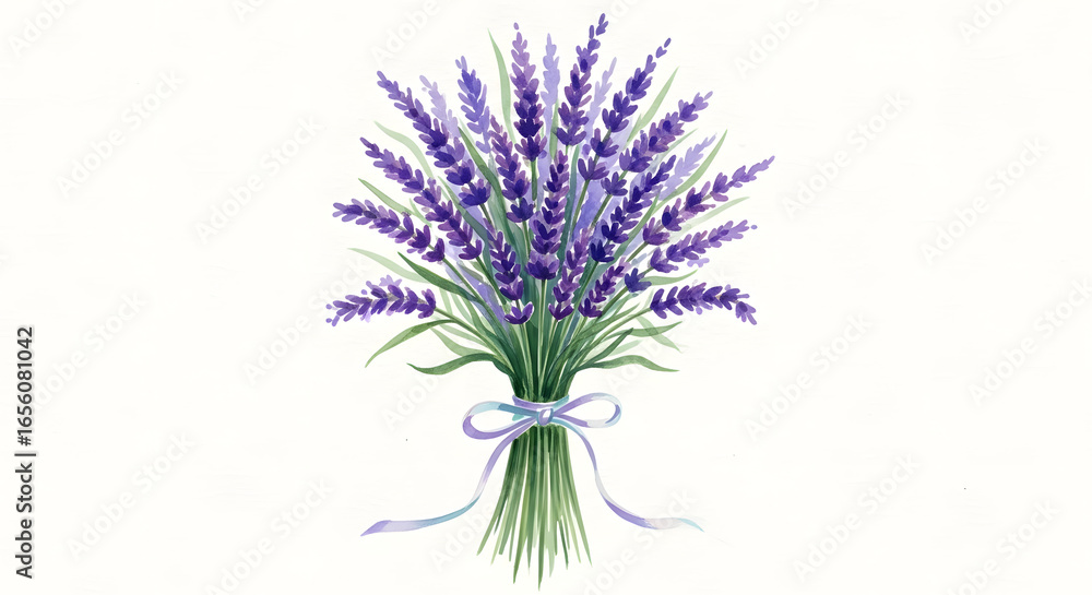 Naklejka premium An elegant bouquet of fresh purple lavender flowers, hand-drawn in a watercolor style with a delicate ribbon bow, isolated on a white background