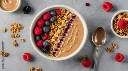 Peanut butter smoothie bowl styled with drizzle, granola, and colorful fruit on rustic background.