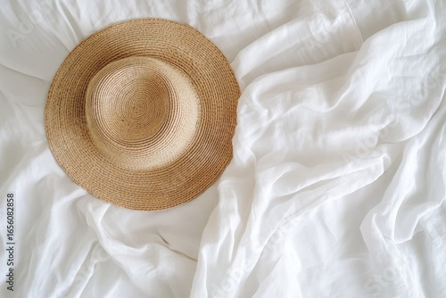 Light beige straw hat on white linens
