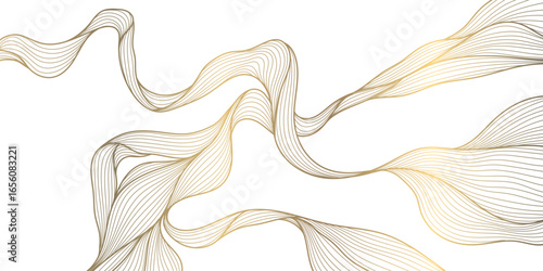 Vector golden line wave on white background, abstract luxury curve premium banner, flow shape. Sea, ocean japanese style elegant illustration.