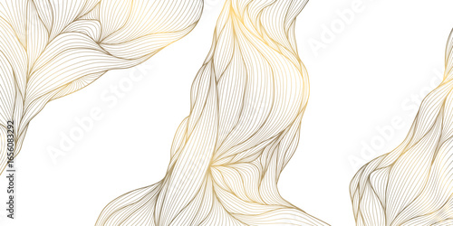 Vector golden line wave on white background, abstract luxury curve premium banner, flow shape. Sea, ocean japanese style elegant illustration.
