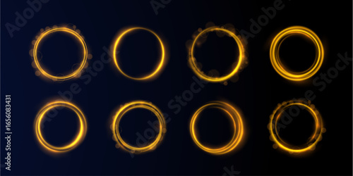 Glowing gold sparkles swirl over abstract circle frame bright vector design shining light glittering magic star confetti comet trail poster banner festive motion decoration luxury.