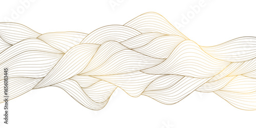 Vector golden line wave on white background, abstract luxury curve premium banner, flow shape. Sea, ocean japanese style elegant illustration.