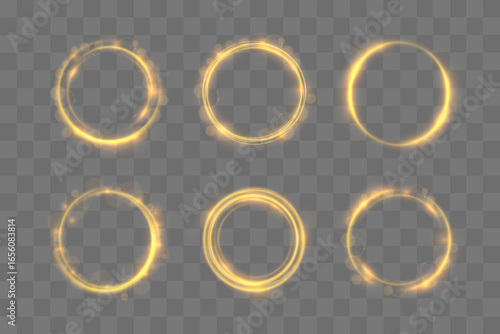 Confetti sparkles over abstract glowing gold circle frame bright light shine glittering star vector magic comet motion banner poster festive decoration shimmer trail luxury illustration effect round d