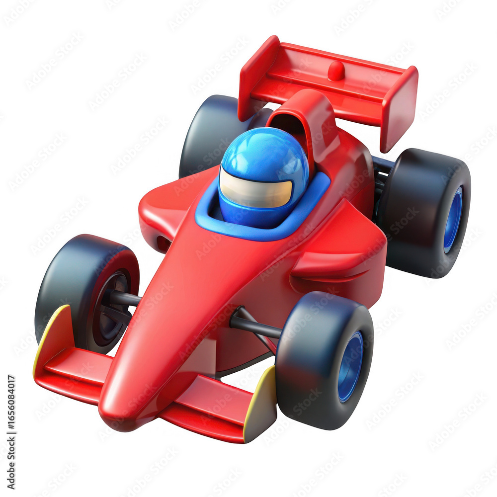 Obraz premium 3d vibrant red formula 1 race car with blue driver helmet transparent background