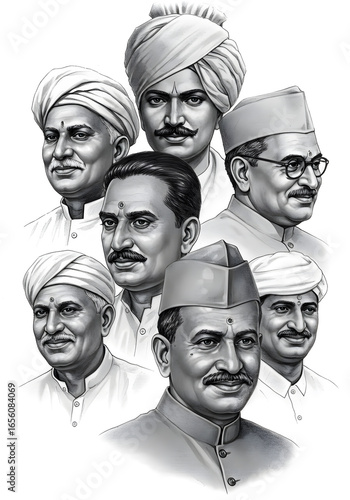 Portraits of Indian Freedom Fighters in Black and White, Historical Figures.