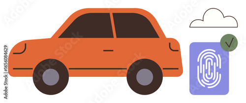 Vászonkép Orange car beside a digital fingerprint pad and cloud outline indicating smart access, security, technology, innovation, mobility, and seamless digital integration