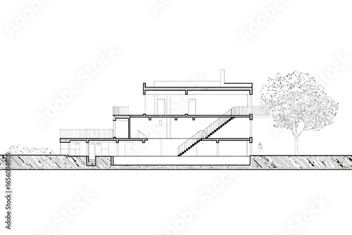 Architectural Section Drawing of a Modern House Design Showcasing Interior Layout and Exterior Landscaping Depicting Structural Details