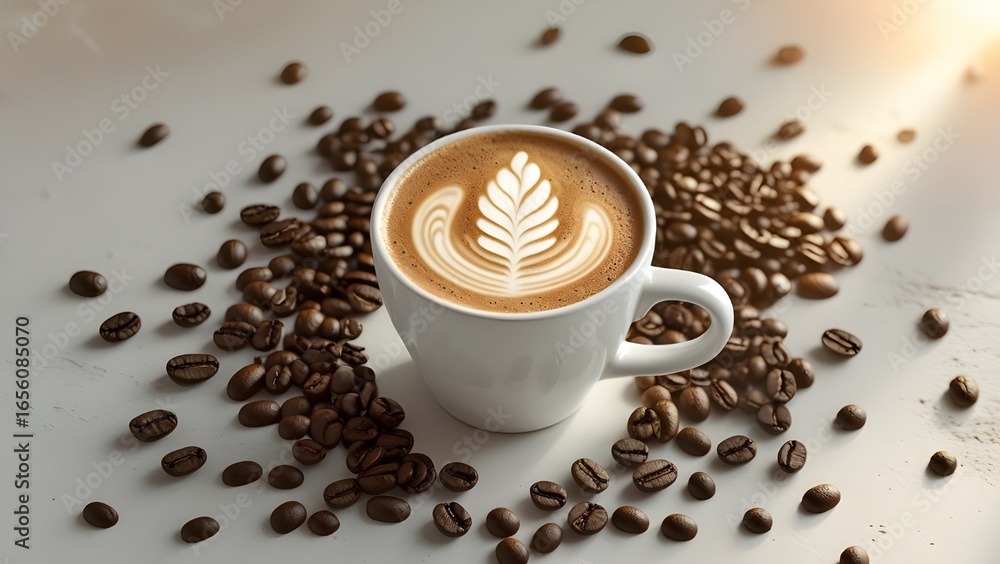Obraz premium A white coffee cup with a leaf design on it sits on a table with a pile of coffee beans. 