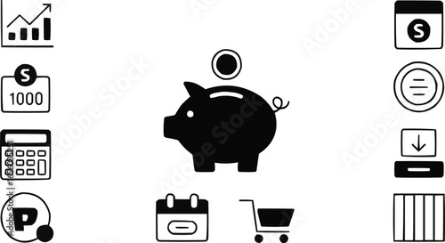 Financial planning and business icons representing savings growth and economic strategy for a prosperous future filled with investment opportunities