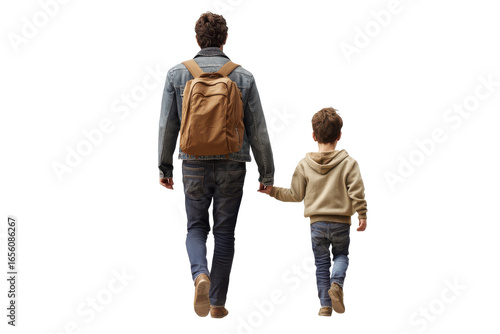 Father and child walking hand in hand isolated on transparent background. Father and son walking back view isolated on white background.