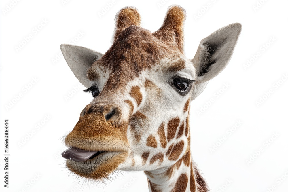 Naklejka premium Close-up of a giraffe's head and neck, spotted pattern, open mouth, curious expression