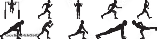 Dynamic athletic silhouettes showcase diverse fitness routines from running to strength training and calisthenics