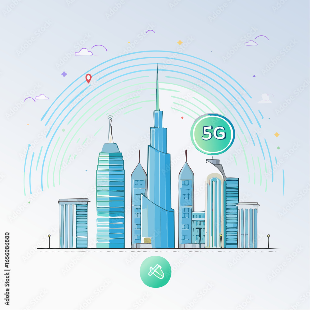 Obraz premium Modern 5G smart city vector illustration with connected devices and digital signal waves. Perfect for communication, urban technology, and future city projects.