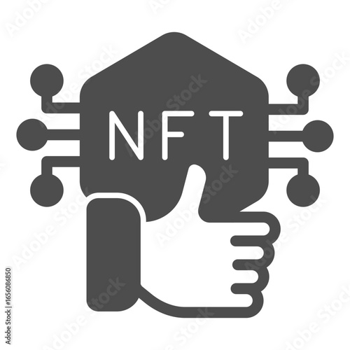 Non fungible token with thumb up hand solid icon, NFT multiverse concept. Vector graphics. Token with like button sign on white background, glyph style icon for mobile or web design.