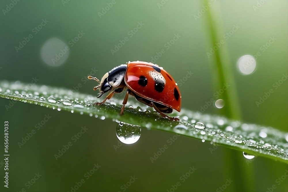 Fototapeta premium Ladybug on Dewy Leaf