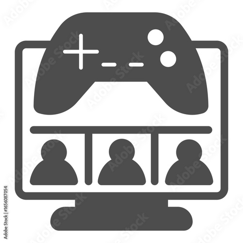Monitor screen with users and joystick solid icon, NFT multiverse concept. Vector graphics. In game assets, gaming sign on white background, glyph style icon for mobile or web design.