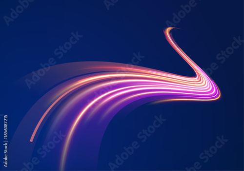 Motion streaks across abstract neon background with futuristic blur light trail digital technology energy stream network connection concept datum pattern bright illumination design graphic modern art.