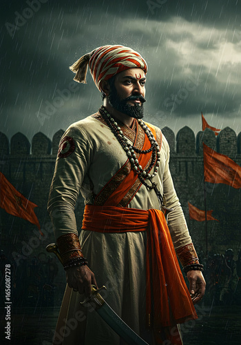 Portrait of Chhatrapati Shivaji Maharaj, Indian Warrior King, Standing Proud with Sword, Fort Background.