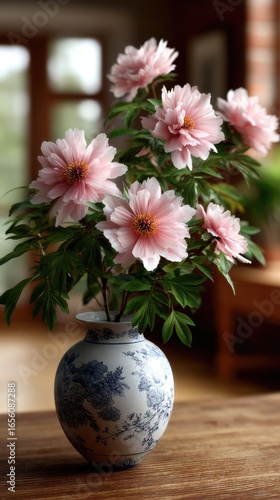 Wallpaper Mural Pink peonies fill a delicate porcelain vase, showcasing their beauty against an elegant patterned wallpaper backdrop in soft tones Torontodigital.ca