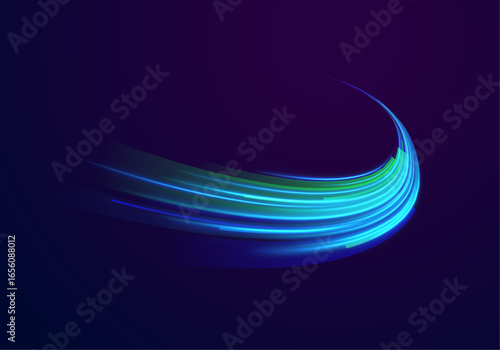 Abstract shapes move with motion streaks neon light blur trail digital technology energy electric futuristic network connection concept stream tunnel pattern bright illumination graphic modern design 