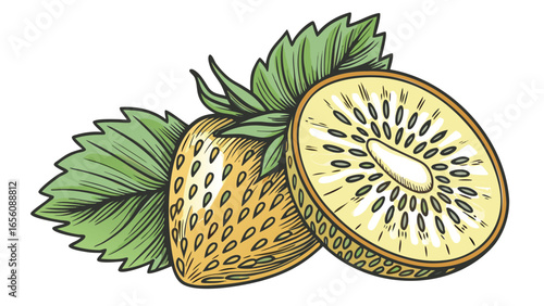 Illustration of a whole and sliced golden kiwi fruit with leaves on a white background vector art