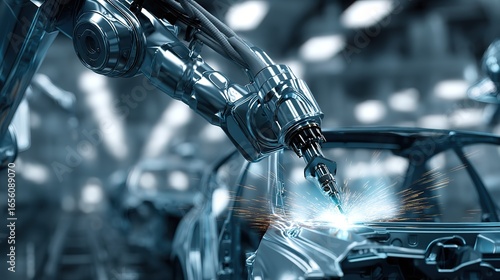 Industrial Robotic Arm Performing Precision Welding in Automotive Manufacturing Environment