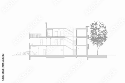 Detailed architectural section of a modern multi story building with visible interior and staircase design elements illustrating structural engineering