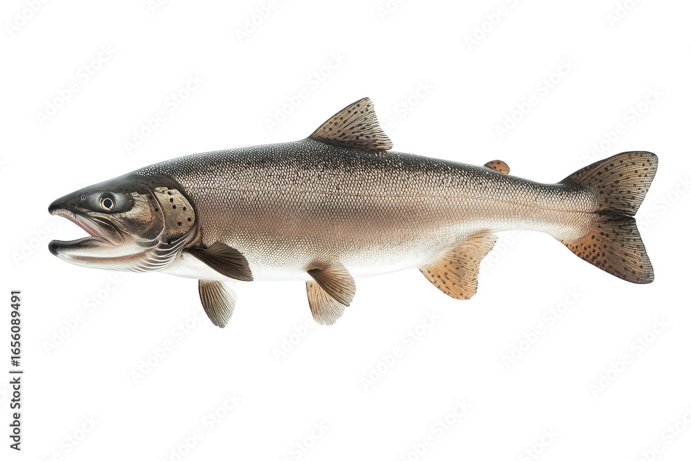 Naklejka premium Brown trout fish isolated on transparent background. Flying piece of salmons isolated on white background.