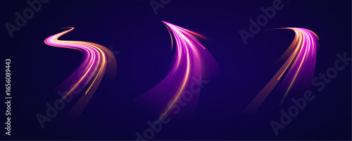 Streak of light moves through abstract neon trail blur line pattern motion energy electric digital network stream futuristic design glow pink blue