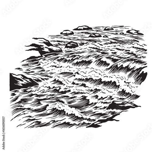Artistic black and white illustration of a rushing river flowing through a rocky landscape