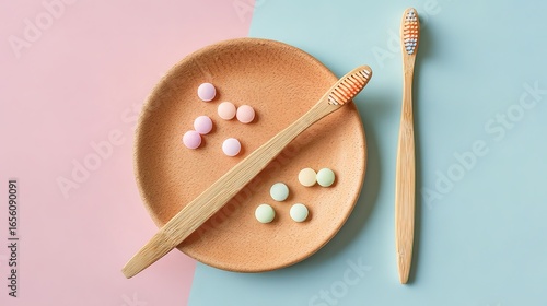 Bamboo Toothbrush with Multicolored Tablets on Wooden Plate against Pink and Blue Background