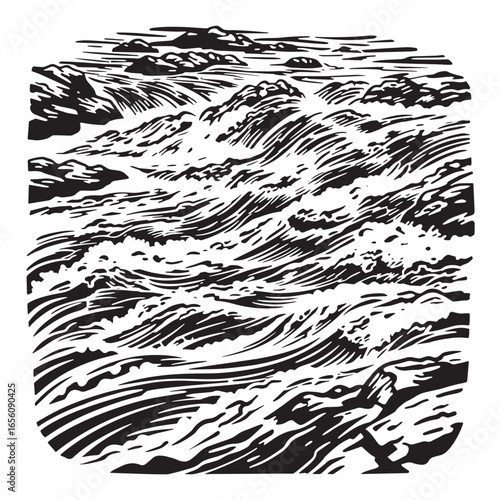 Artistic black and white illustration of a rushing river with rocky rapids and waves