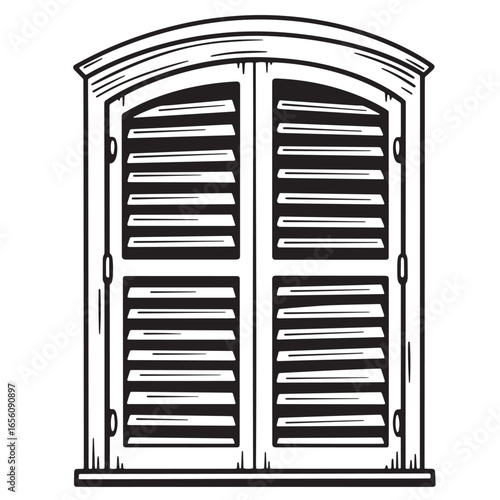 Black and white detailed illustration of an arched window with closed shutters