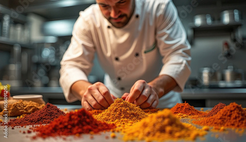 Chef Preparing Dish with Vibrant Spices in a Professional Kitchen Setting