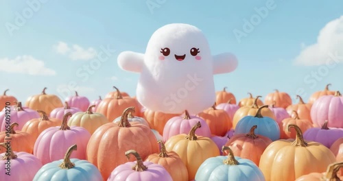Adorable Fluffy Ghost with Colorful Pumpkins in Fun Whimsical Halloween Scene