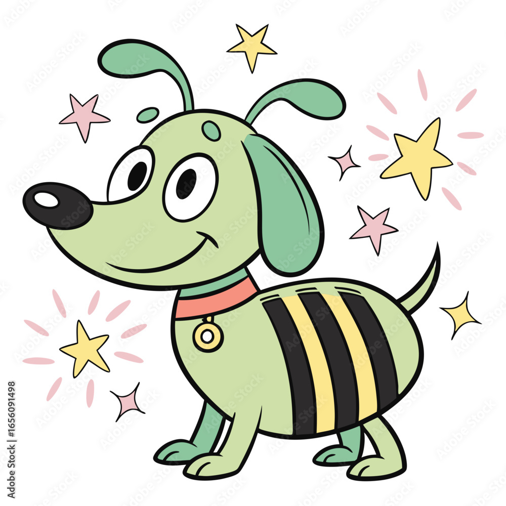 Obraz premium Cartoon dog with stars illustration for children's book or pet product design featuring a cute green puppy with black stripes and a happy expression perfect for kids
