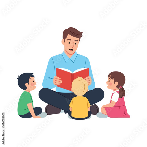 A father or teacher sits cross-legged on the floor reading a storybook to three attentive young children.