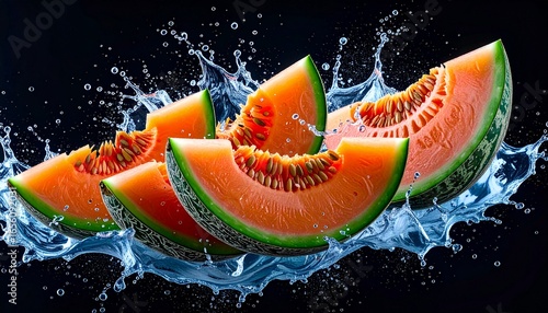 Fresh cantaloupe slices splashing in water against dark background for a vibrant fruit display