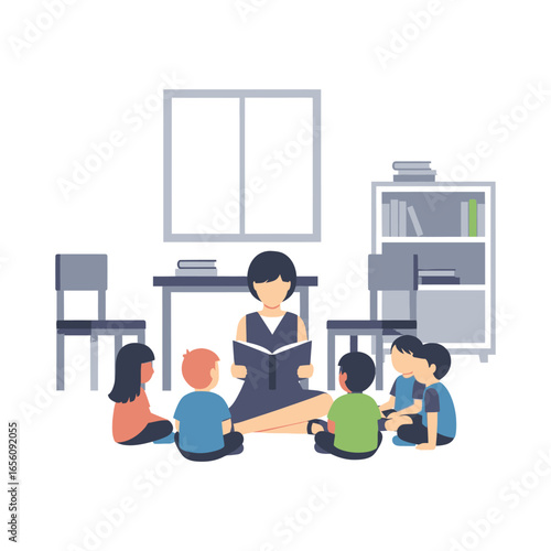 A female teacher reads a storybook to a group of young children sitting together on the floor in a classroom.