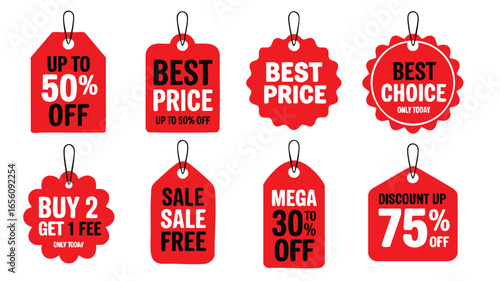 Collection of eight red sale price tags with different shapes and discount offers
