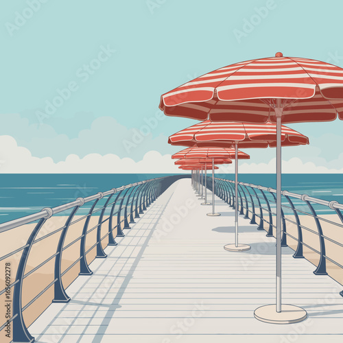 Pier Perspective with Red and White Striped Umbrellas on Sunny Beach Vacation a Summer Getaway
