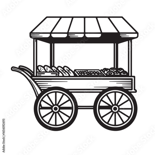 Black and white illustration of a vintage food cart selling baked goods and treats.