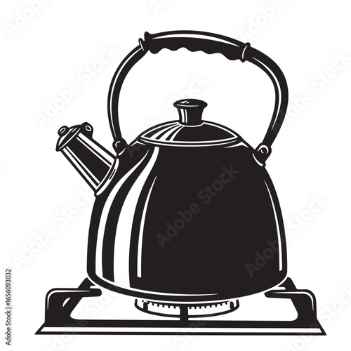 Black and white illustration of a vintage teapot on a gas stove burner