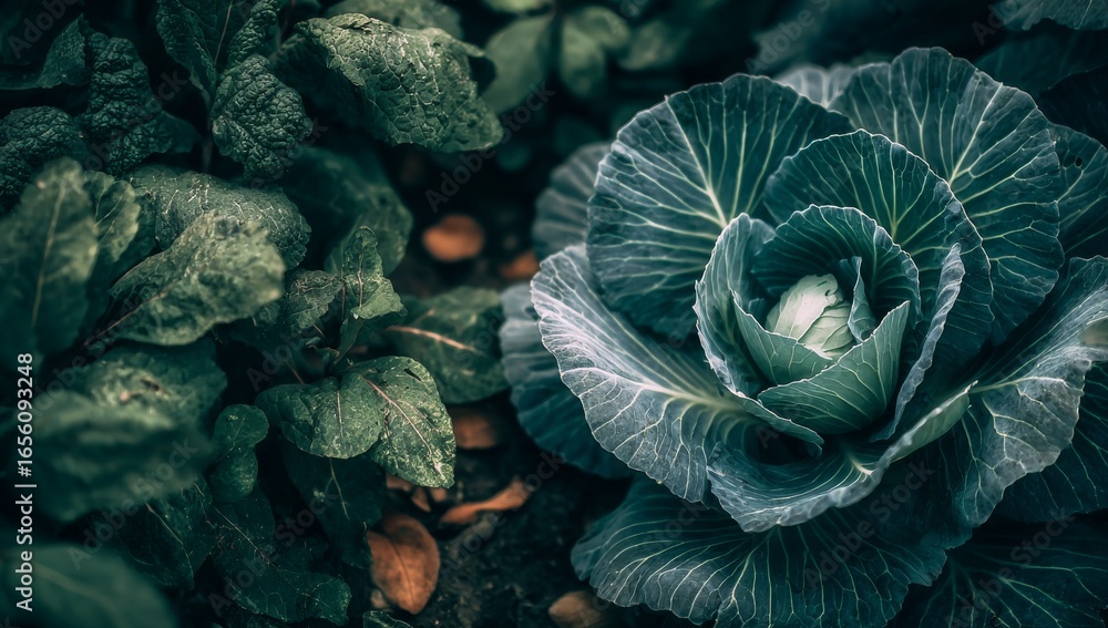 Obraz premium The camera zooms in on a crisp, green cabbage, highlighting the complex patterns of its leaves and signifying a healthy, nutritious food choice